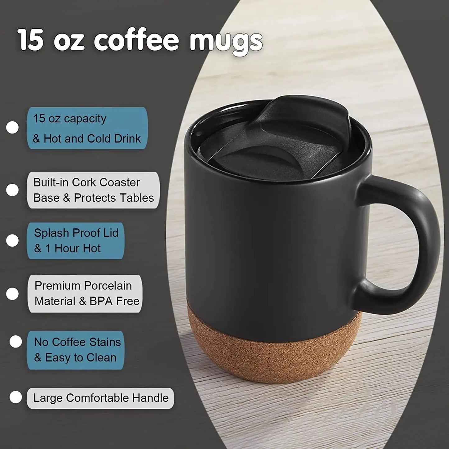 15oz Insulated Ceramic Cup Cork Bottom Large Lid Coffee Mug - Black